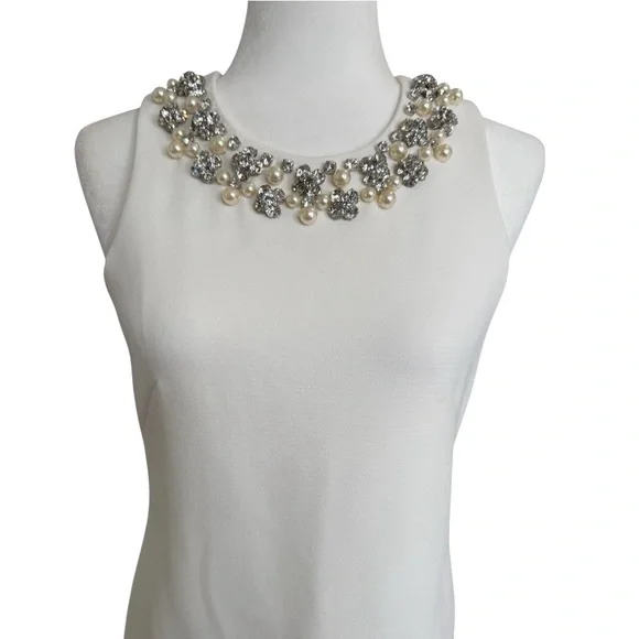 White House Black Market Dress  2 White Ivory Embellished Neck Sheath Cocktail - Picture 4 of 10